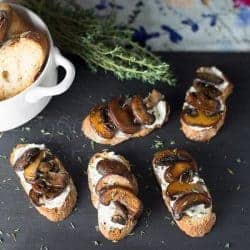 assortment of mushroom bruschetta appetizers, with goat cheese. recipe by foodoology geek.