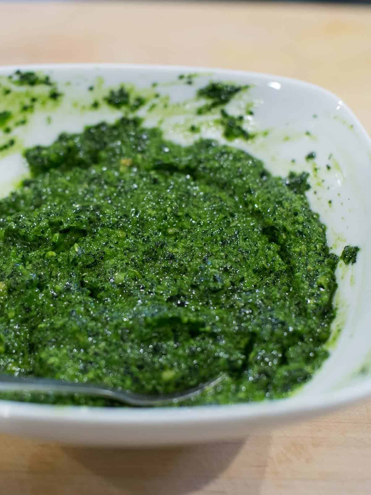 fresh kale pesto in a bowl