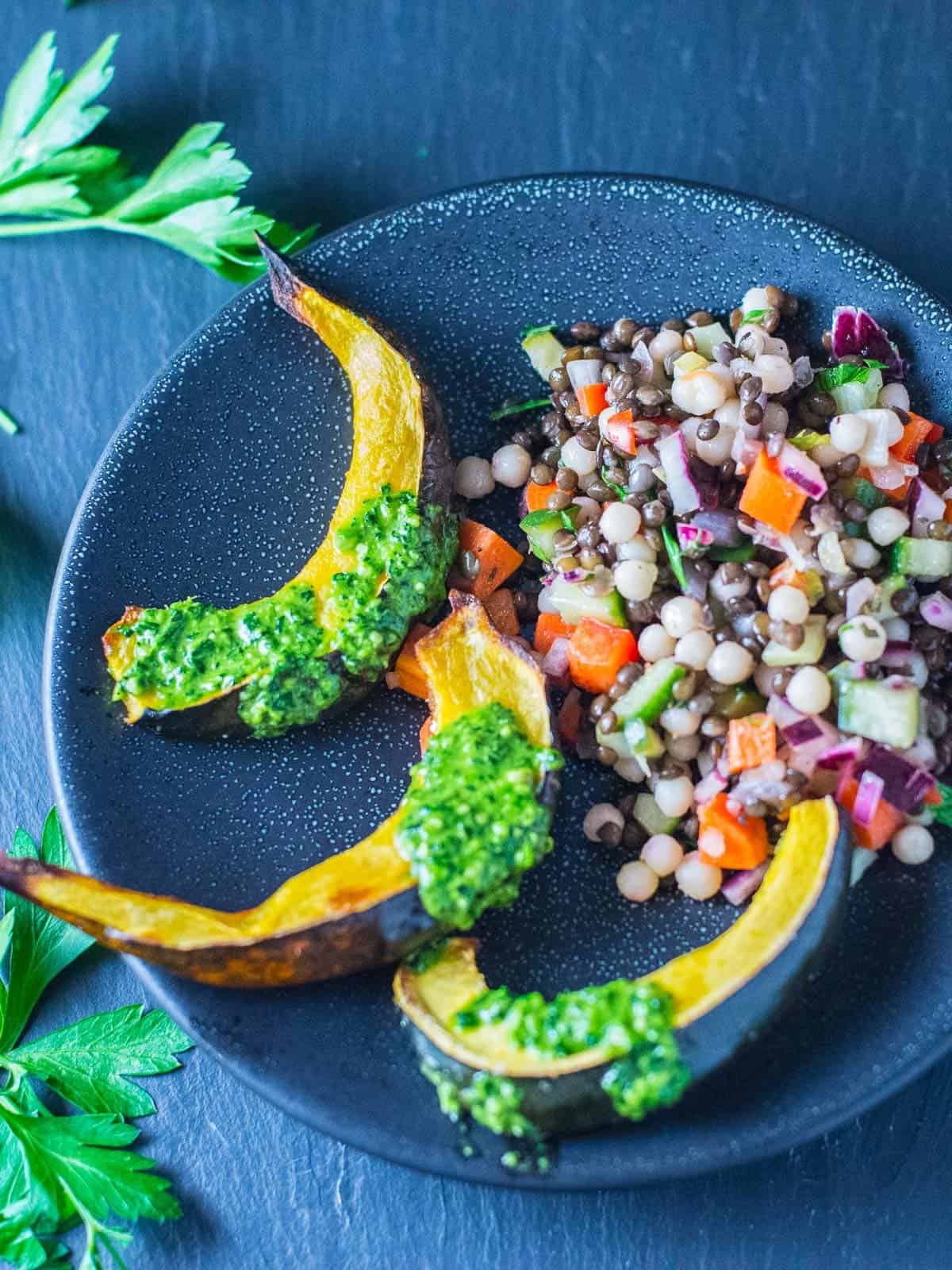 winter squash with kale pesto and couscous