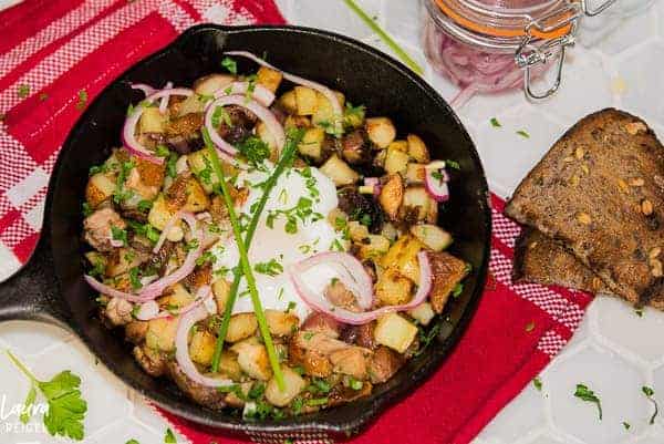 Duck hash with poached eggs, pickled onions and duck fat potatoes.