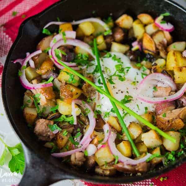 Duck hash with poached eggs, pickled onions and duck fat potatoes.