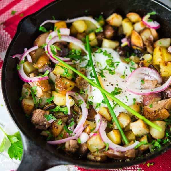 Duck Hash with Poached Eggs and Pickled Red Onions