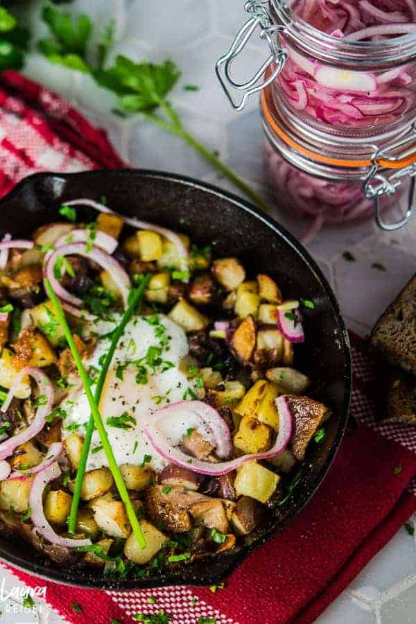 Duck hash with pickled onions and duck fat potatoes.