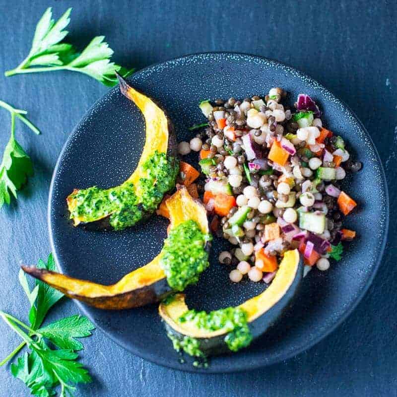 Couscous Salad with Lemon dressing. Served with roasted squash and kale pesto.