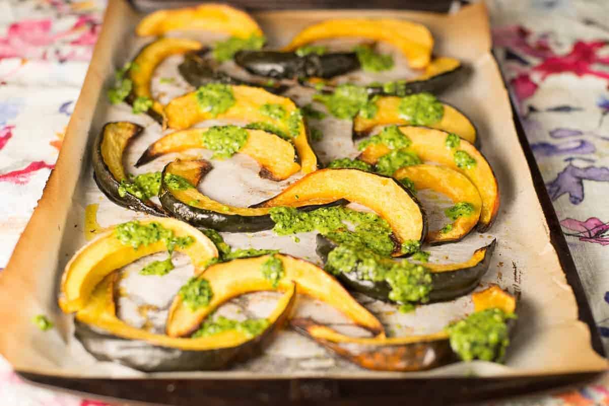 Roasted Acorn Squash with Kale Pesto