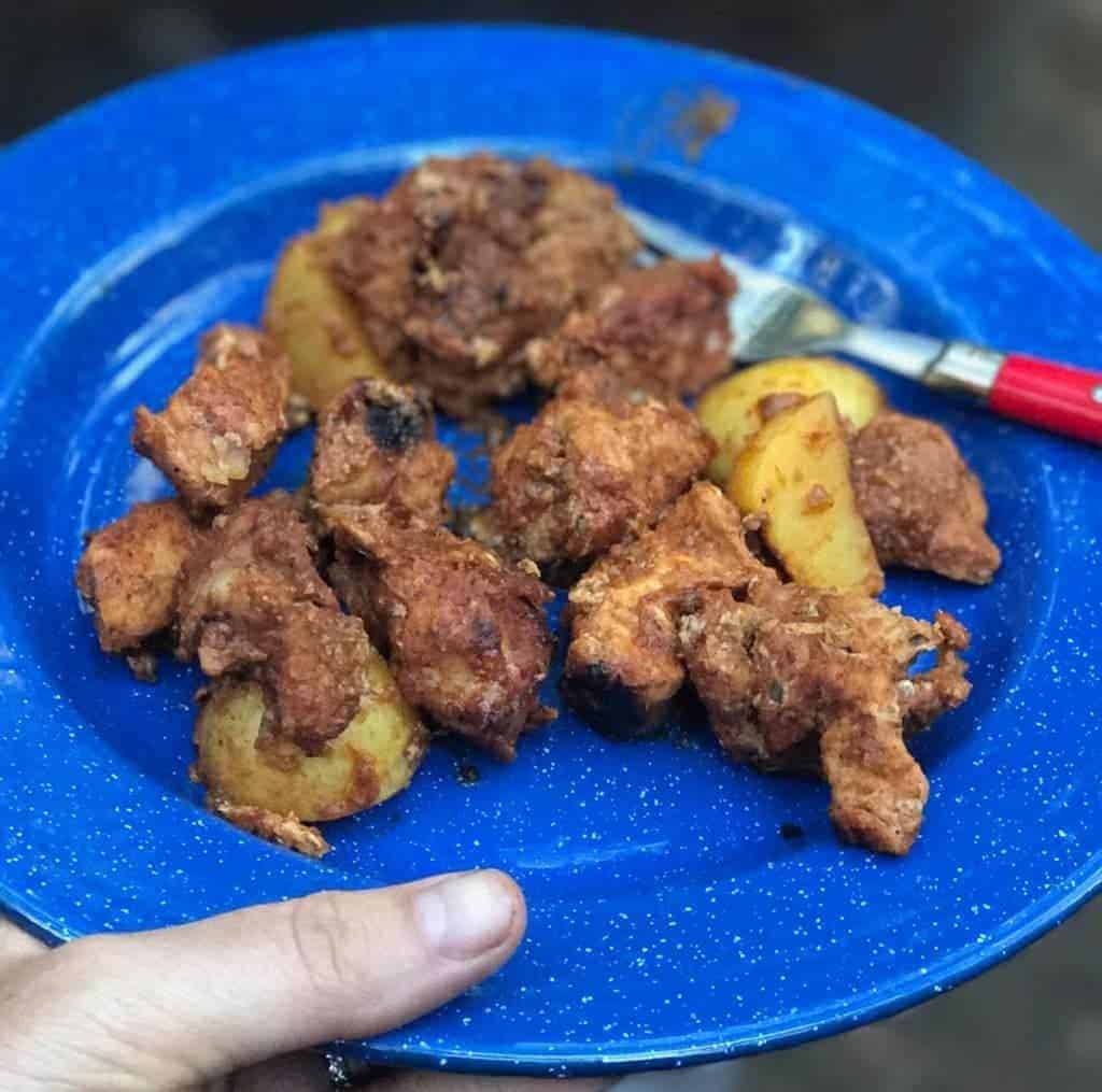 Super easy camping recipe from peach bourbon pork and potatoes