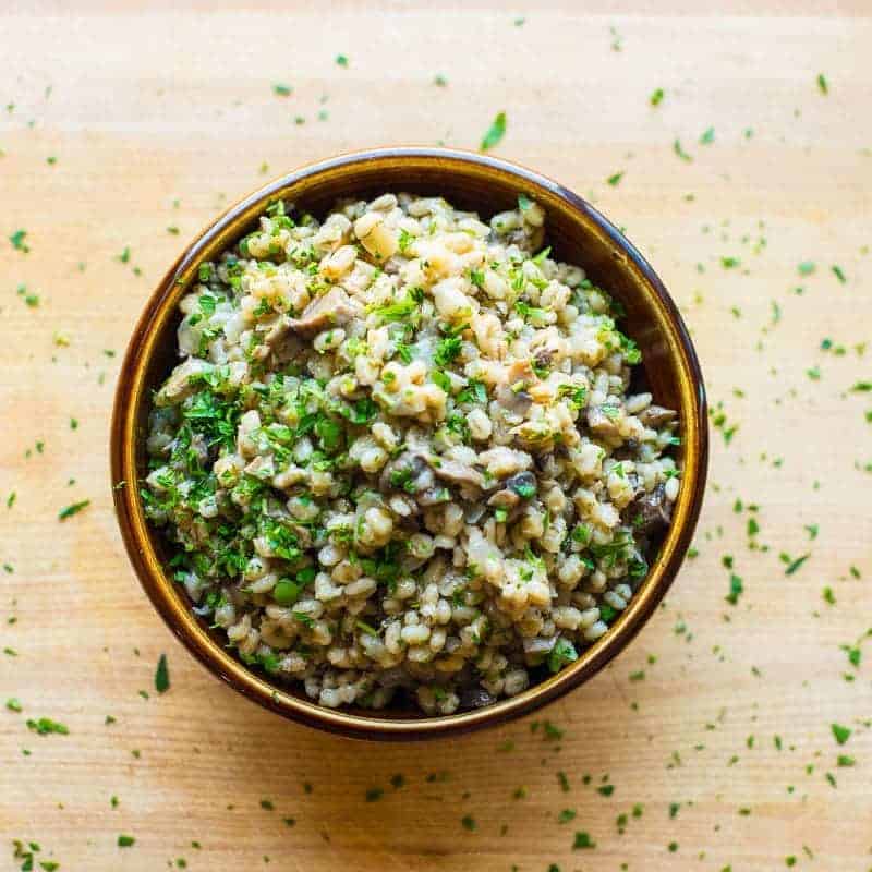 Barley with Mushrooms and Onions. Topped with parsley.