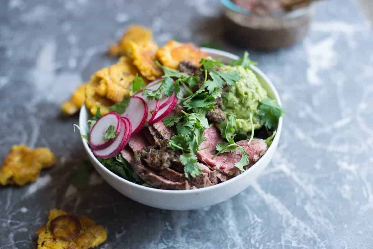 Grilled Steak Chimichurri Beast Bowl with Tostones