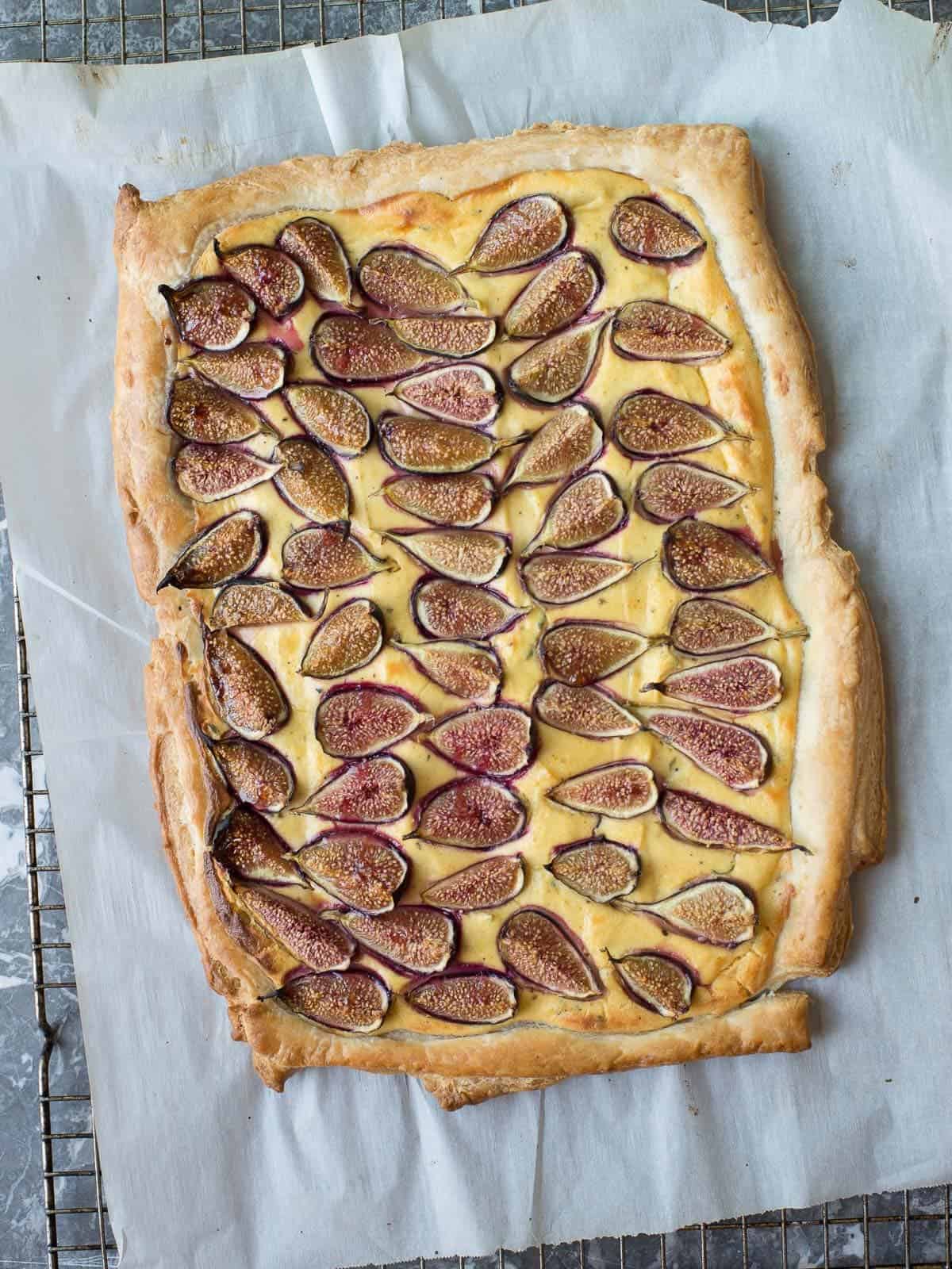 savory bacon and fig tart fresh out of the oven