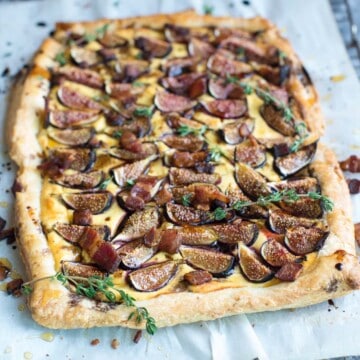 puff pastry tart with fresh figs, crumble bacon, and a goat cheese filing