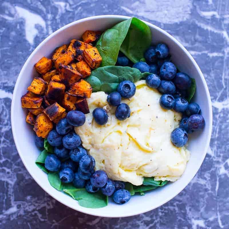 Paleo Breakfast Bowl with eggs, blueberries, roasted sweet potatoes and spinach.