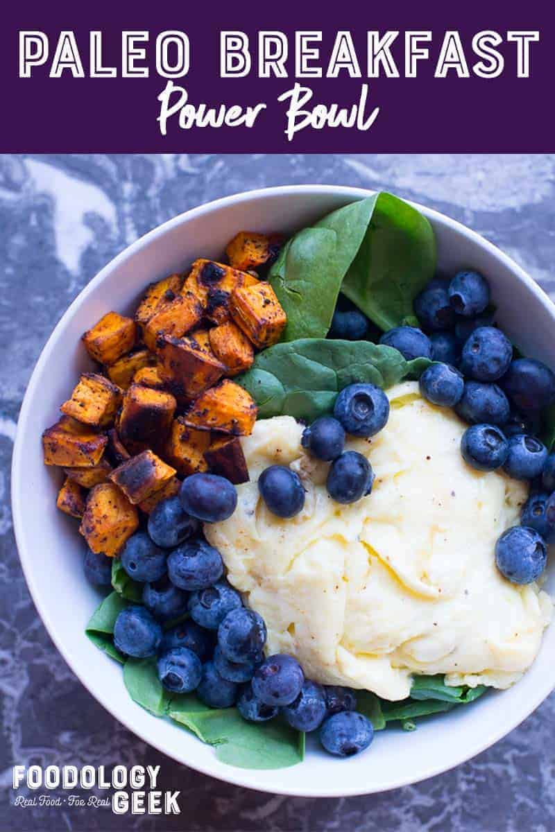 Breakfast Power bowl with eggs, blueberries, roasted sweet potatoes recipe by foodology geek