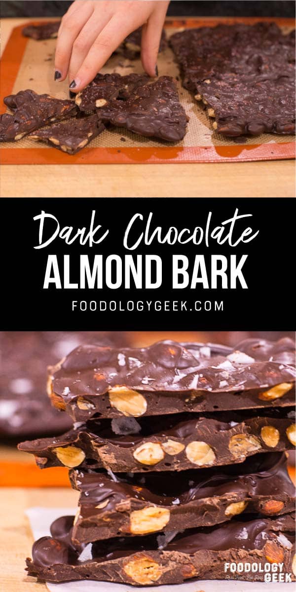 dark chocolate almond bark pinterest image by foodology geek.