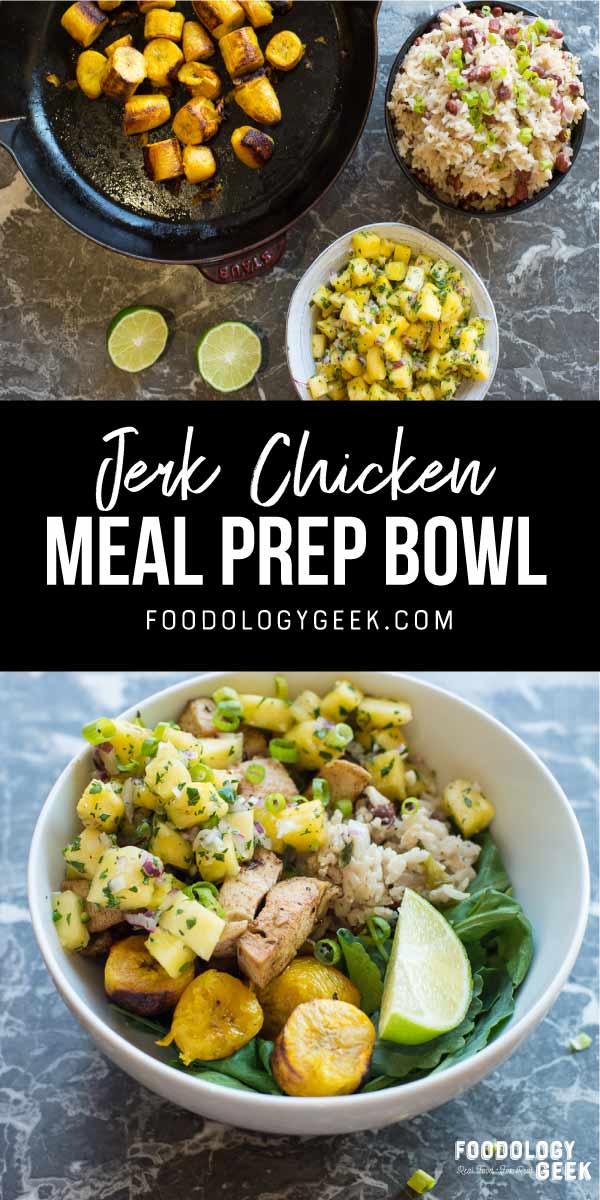 jerk chicken meal prep bowl recipe. pinteret image by foodology geek.