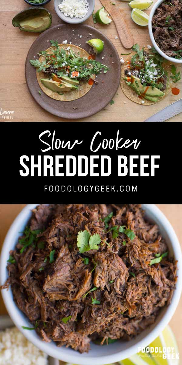 slowcooker shredded beef recipe. pinterest image by foodology geek.