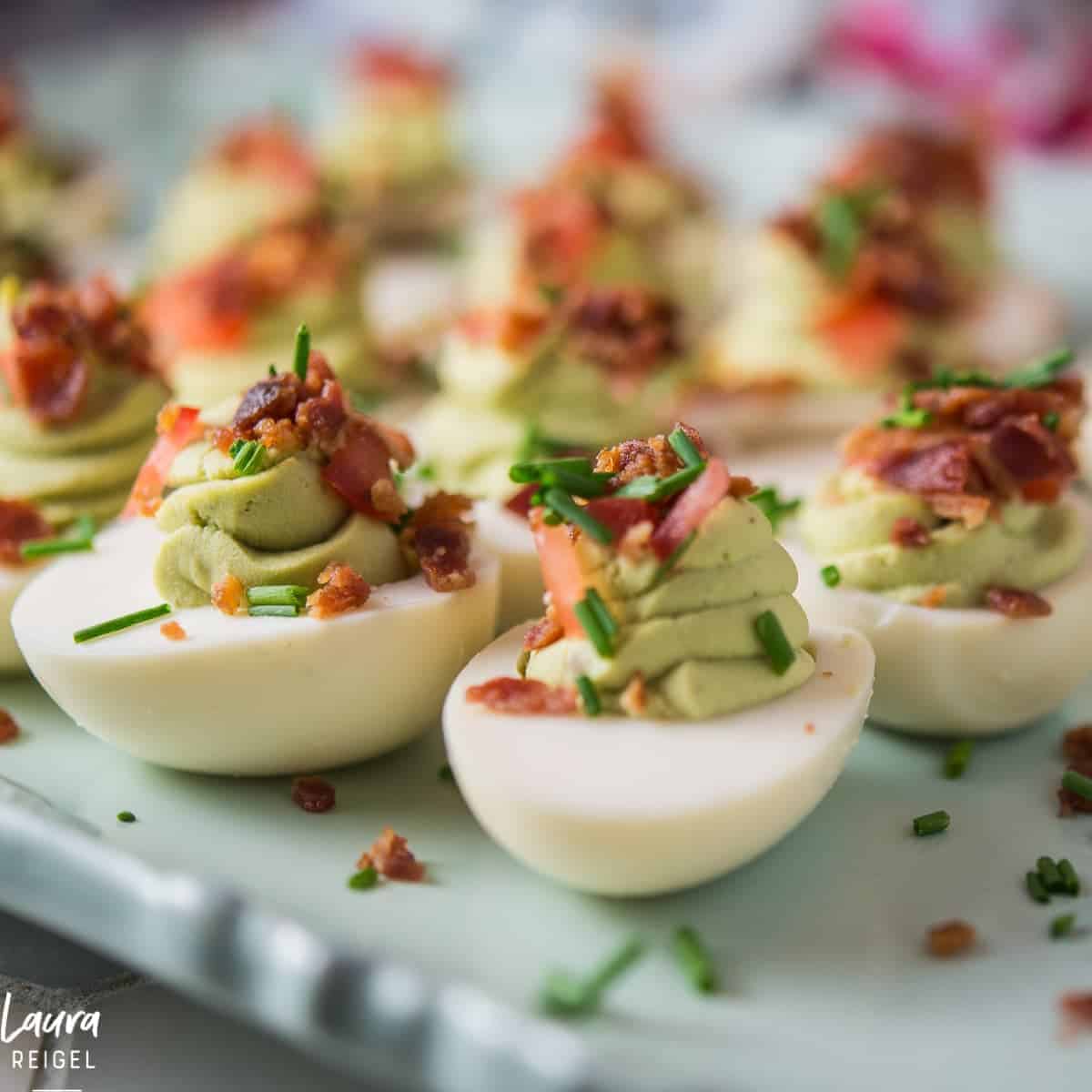 Healthier avocado deviled eggs. Made with avocado instead of mayo. 