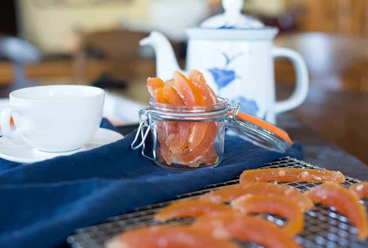Candied Citrus Rind in a Jar with tea