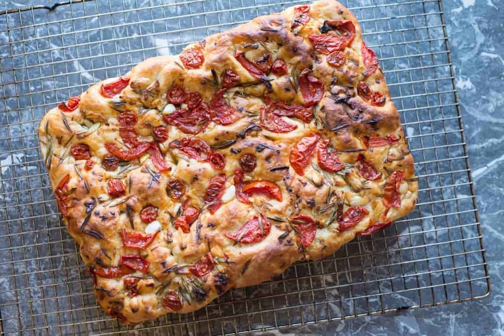 Foccacia with tomatoes, garlic and rosemary
