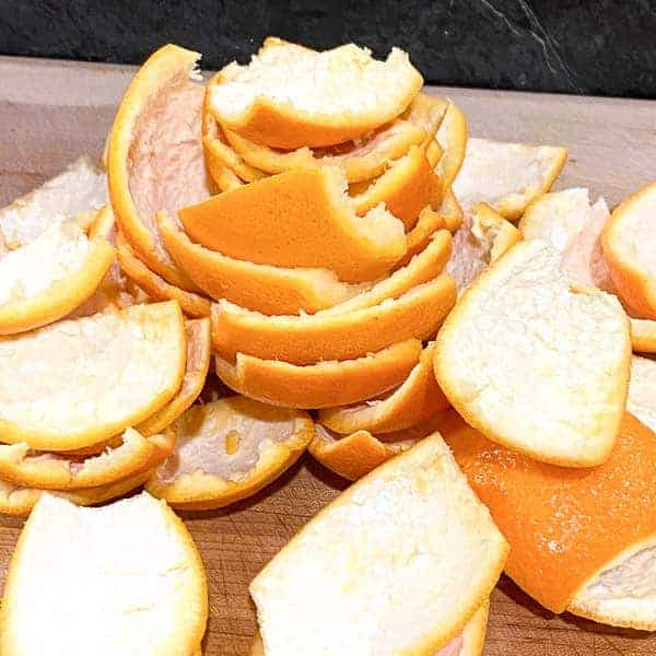 orange peels before slicing to make candied orange peel. 