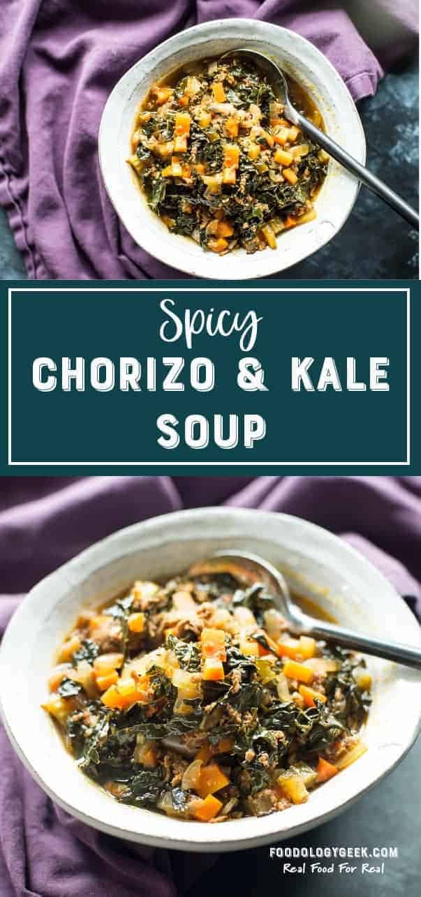 Spicy Chorizo and kale soup pinterest image by foodology geek