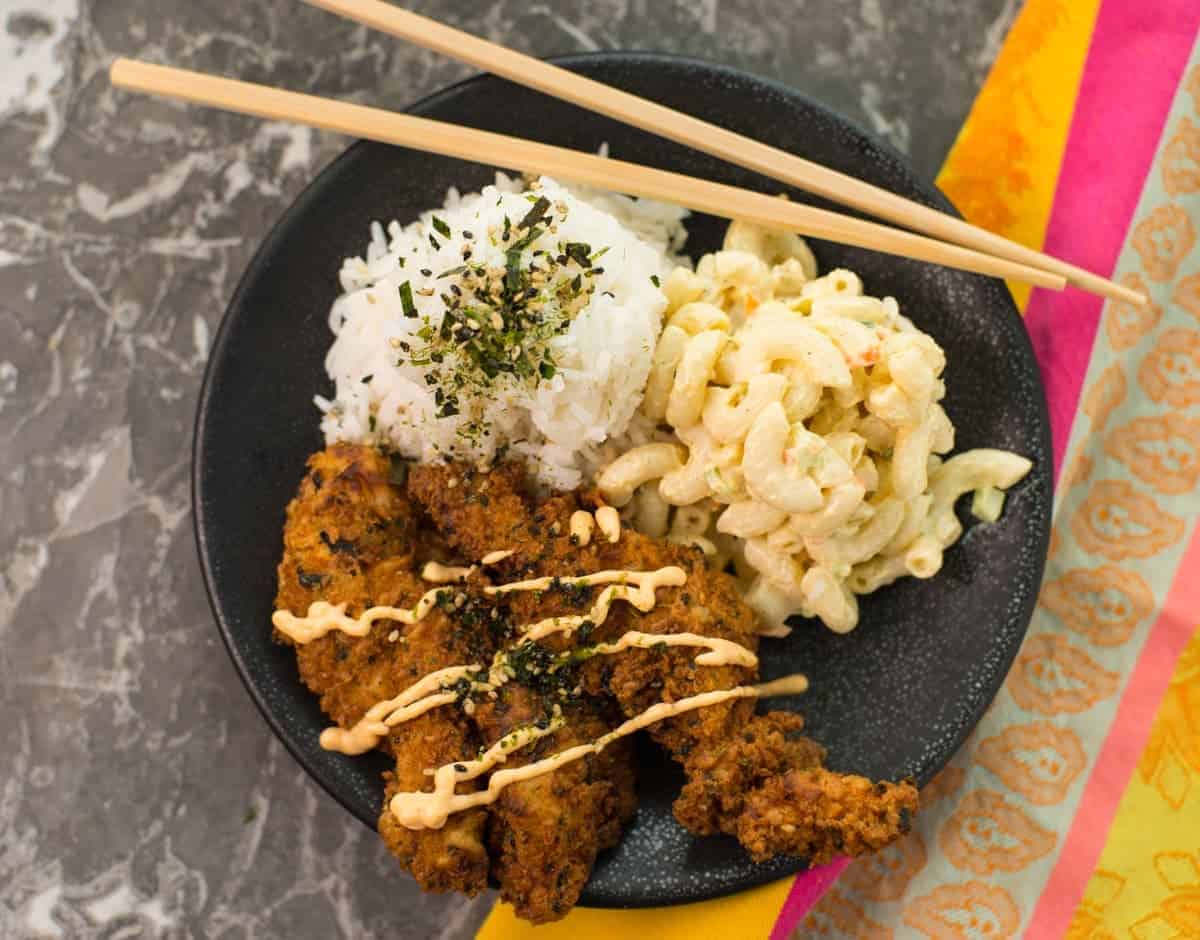 Furikake Fried Chicken with rice and mac salad overhead (1 of 1)