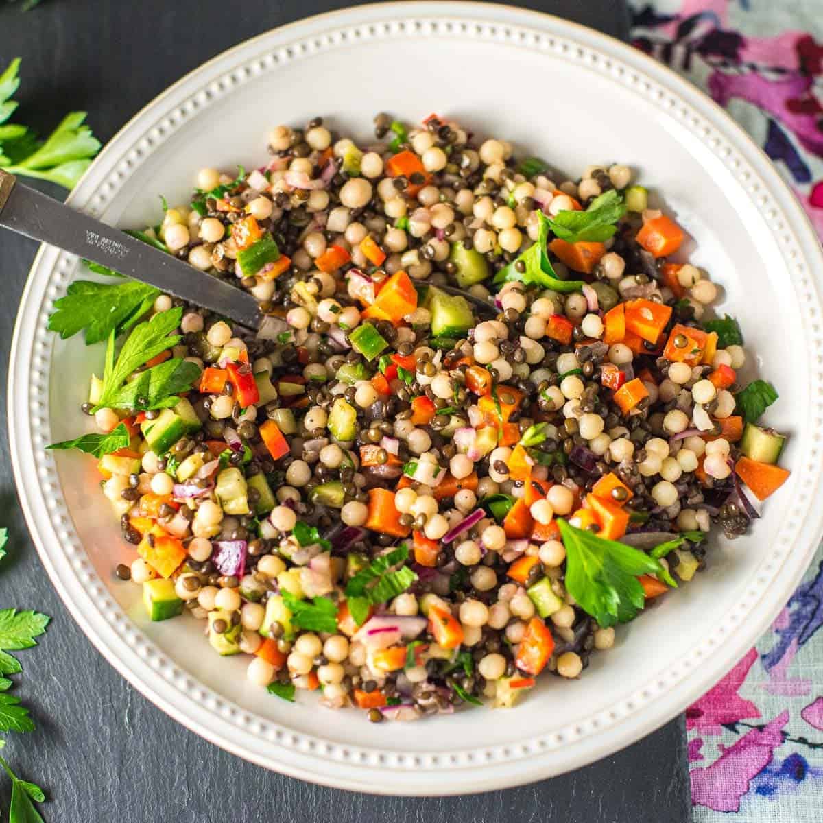 easy couscous salad with black lentils and fresh veggies