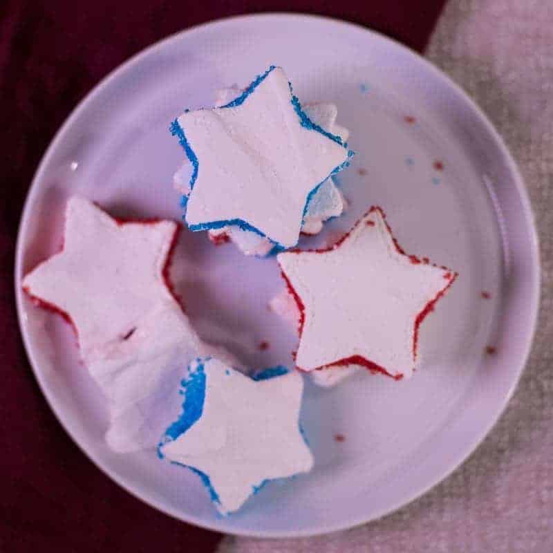 a stack of red white and blue star shaped homemade marshmallows