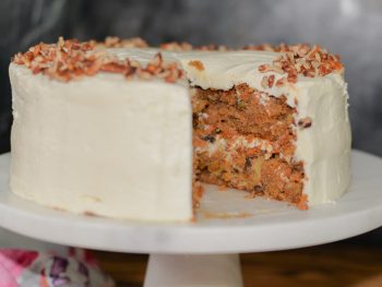 Gluten-free carrot cake with pineapple and cream cheese frosting.