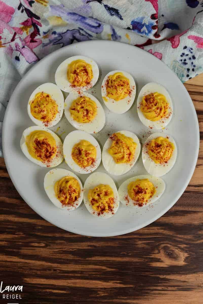 Classic deviled eggs. Simple to make. They always disappear.