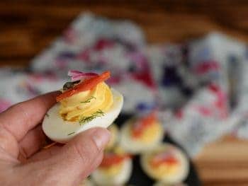 Deviled Eggs with Smoked Salmon, Capers, and Pickled Red Onions