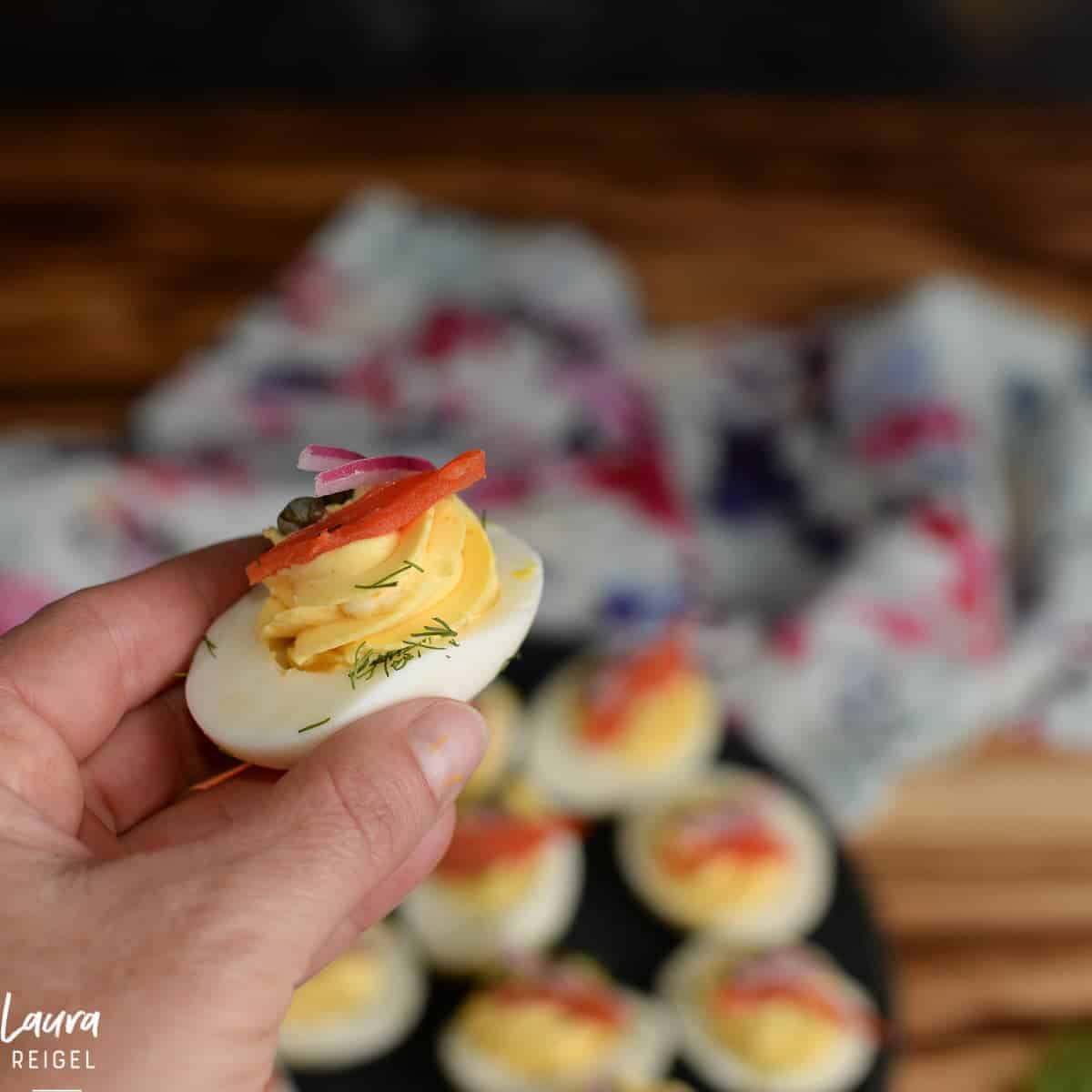 Deviled Eggs with Smoked Salmon, Capers, and Pickled Onions