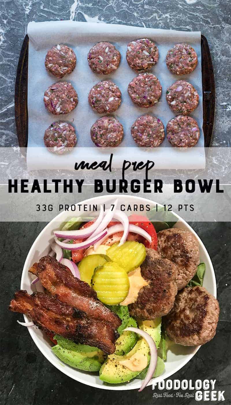 Healthy loaded burger bowls for meal prep.