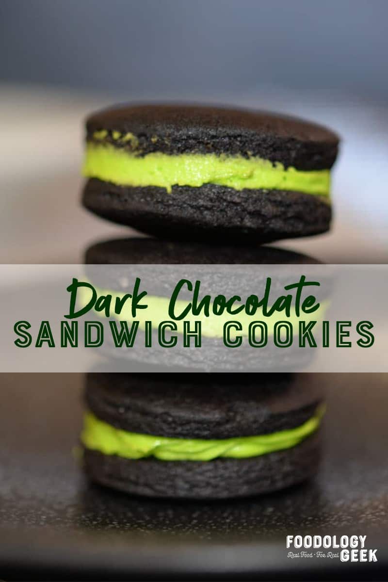 dark chocolate sandwich cookies. pinterest image by foodology geek.