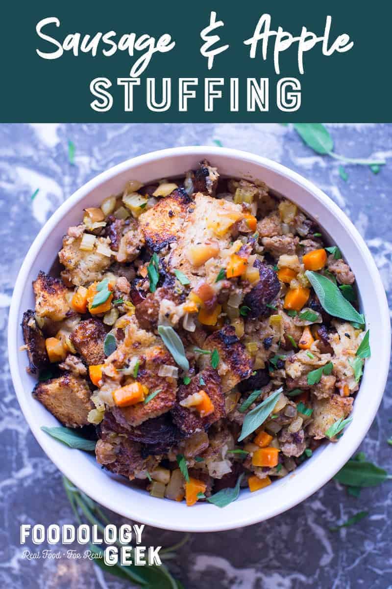 Sausage and apple stuffing recipe. Pinterest image by foodology geek.