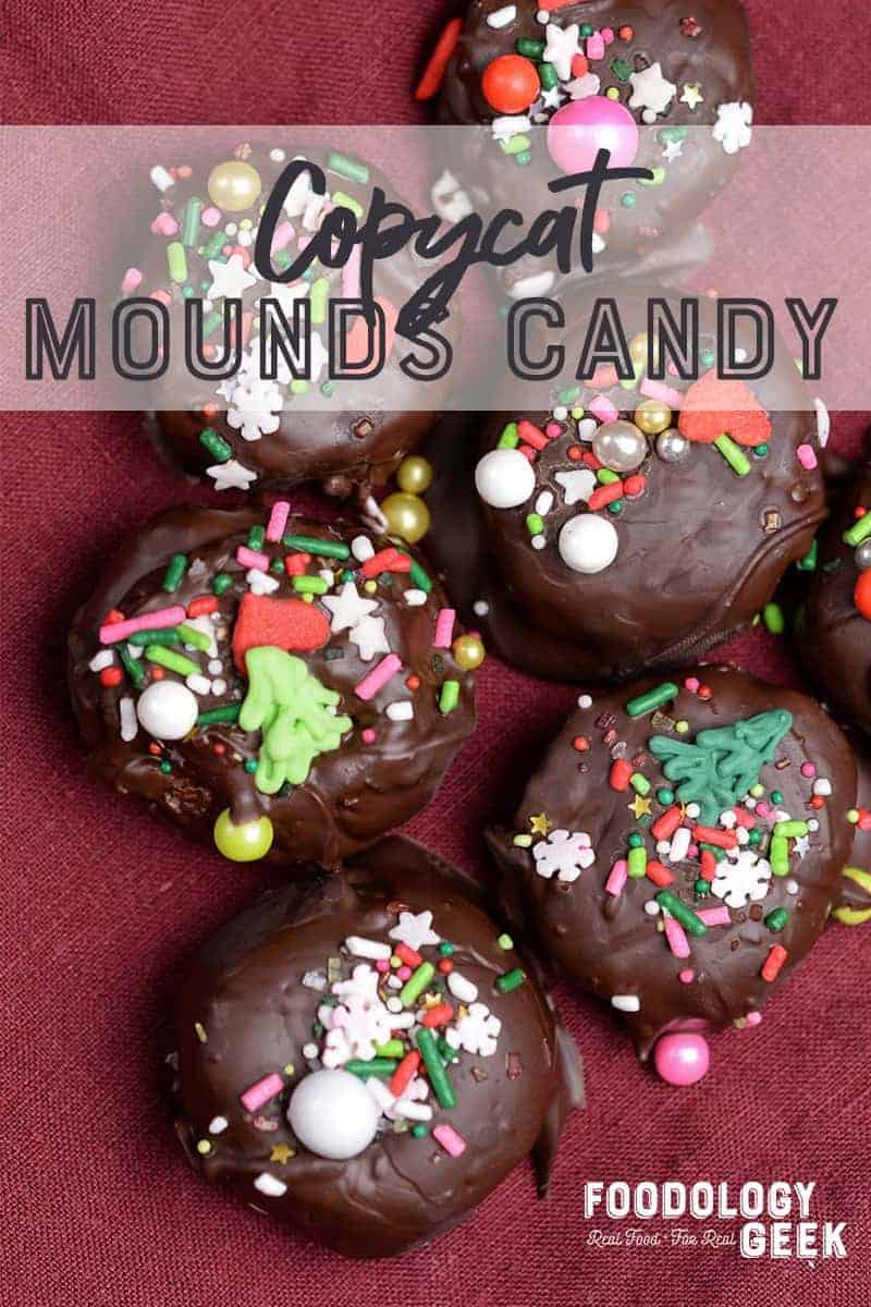 Coconut candy with sprinkles. Copycat Mounds Candy Bites. Pinterest Image by Foodology Geek