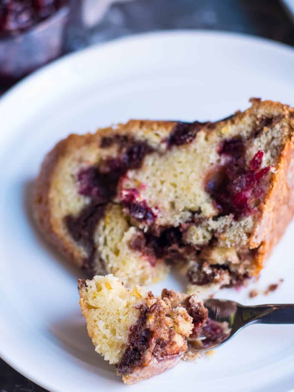 Close up of cranberry, cinnamon streusel coffee cake.