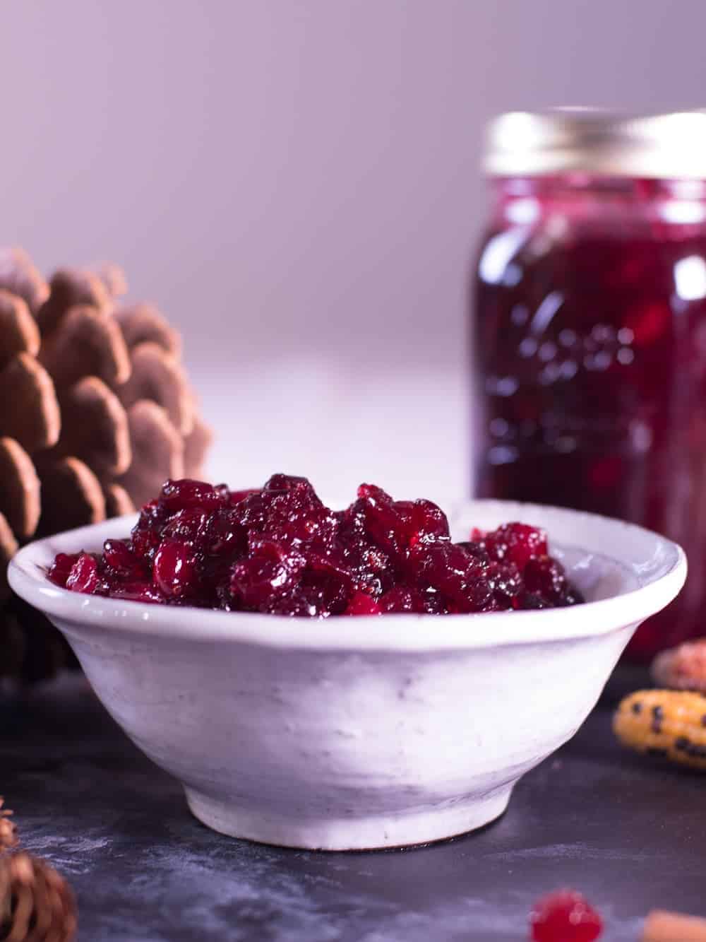 homemade fresh cranberry sauce in a white bowl