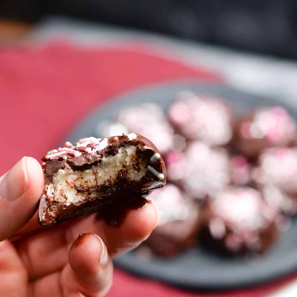 close up of a mounds ball, homemade candy 