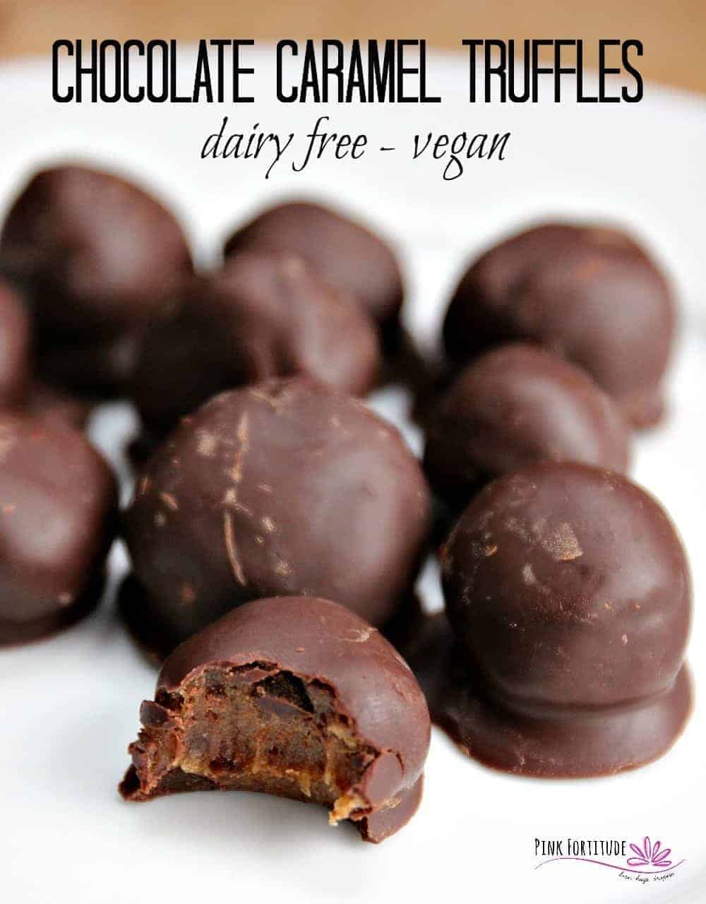 Vegan truffles filled with a date caramel and covered with dark chocolate.