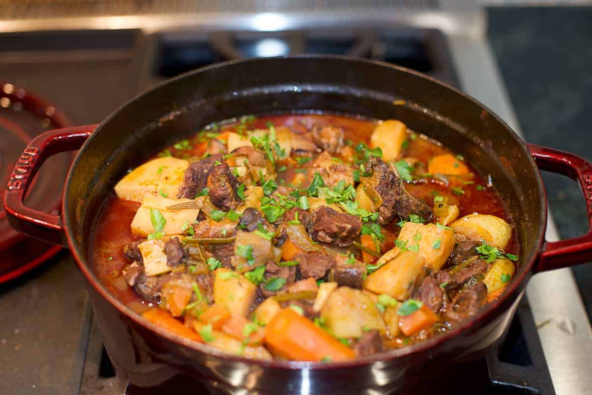 healthy beef stew in a dutch oven