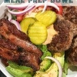 mini keto burger meal prep bowl recipe with bacon, avocado and special sauce