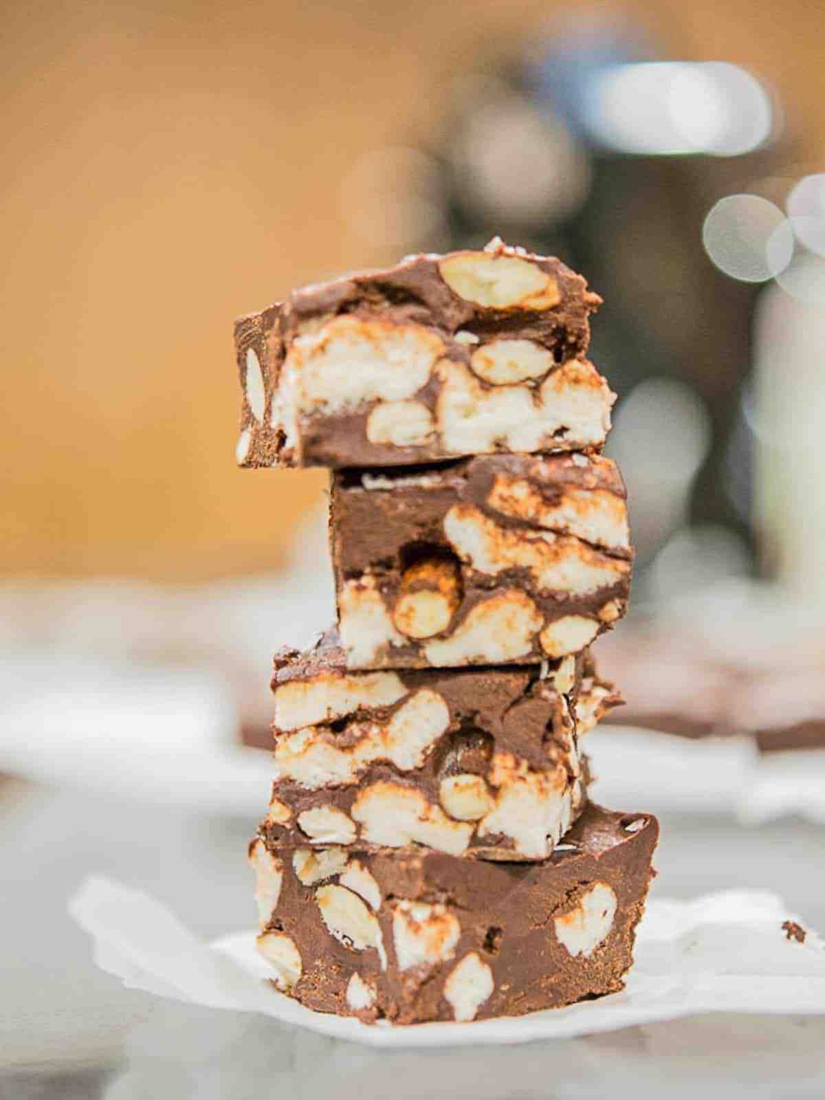 easy rocky road fudge cut and stacked