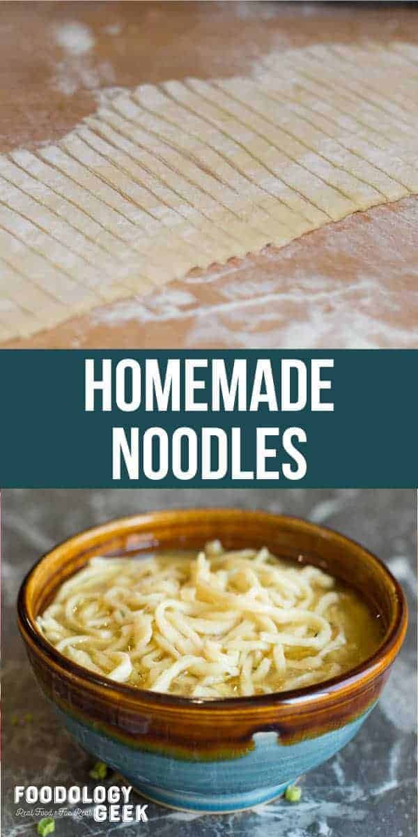 Easy old fashioned noodles in broth. pinterest image recipe by foodology geek