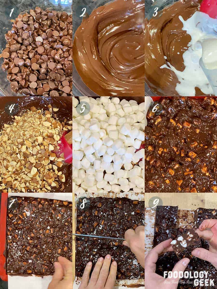 process shots for how to make rocky road fudge. recipe by foodology geek