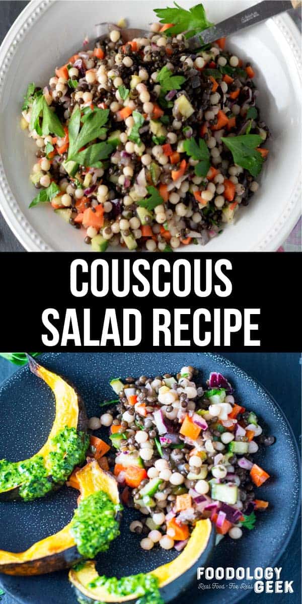 easy couscous salad recipe with lots of veggies and a red wine vinaigrette dressing. pinterest image.