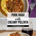 Italian pork pasta sauce served with a creamy polenta and glass of italian wine.