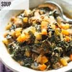 Spicy chorizo soup with butternut squash and kale. in a white bowl. pinterest image.