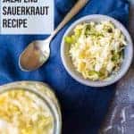 Spicy jalapeno sauerkraut recipe in a bowl with a gold spoon