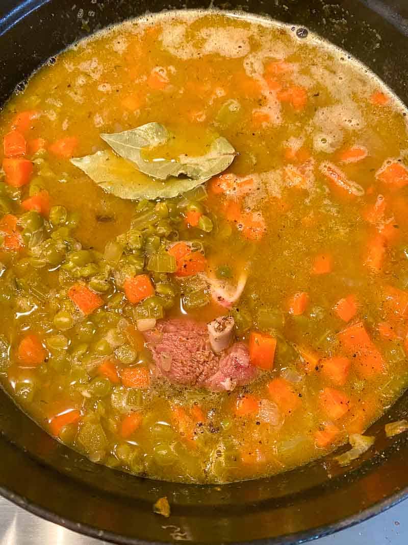 Split pea soup with ham and bay leaves. Needs to simmer for about 40 minutes or until the split peas are tender.