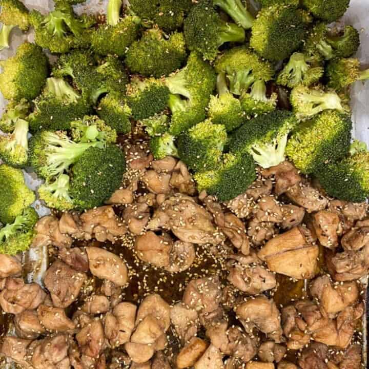 sesame chicken and broccoli sheet pan dinner. This dinner comes together in less than 30 minutes.